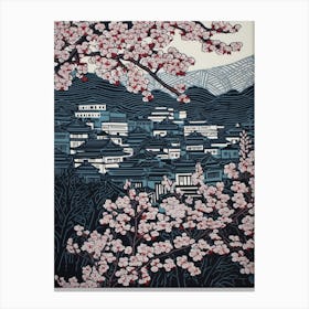Kyoto Cherry Season Japan Linocut Illustration Style 1 Canvas Print