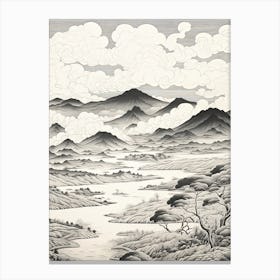 Aso Caldera In Kumamoto, Ukiyo E Black And White Line Art Drawing 1 Canvas Print