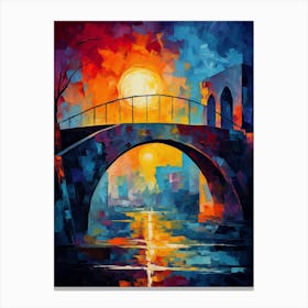 Old Stone Bridge at Sunset, Abstract Vibrant Colorful Painting in Van Gogh Style Canvas Print