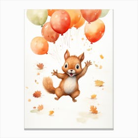 Squirrel Flying With Autumn Fall Pumpkins And Balloons Watercolour Nursery 2 Canvas Print