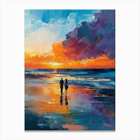 Painting Of A Couple Walking On The Beach At Sunset Canvas Print