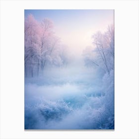 A Winter Forest Enveloped In A Dreamy Haze Mist Intertwining With Soft Colors Of Baby Blue Pink A Canvas Print