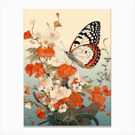 Japanese Style Painting Of A Butterfly With Flowers 4 Canvas Print