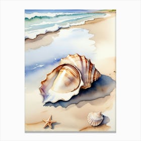 Seashell on the beach, watercolor painting Canvas Print