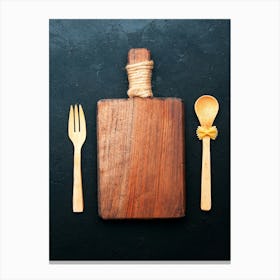 Chopping board & wooden spoon — Food kitchen poster/blackboard, photo art Canvas Print