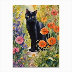 Black Cat Amongst Garden Flowers - Traditional Watercolor Art Print Kitty Travels Home and Room Wall Art Cool Decor Klimt and Matisse Inspired Modern Awesome Cool Unique Pagan Witchy Witches Familiar Gift For Cat Lady Animal Lovers World Travelling Genuine Works by British Watercolour Artist Lyra O'Brien Canvas Print