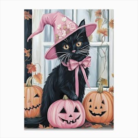 Black Cat Witch With Pumpkins Canvas Print