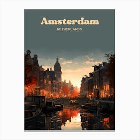 Amsterdam Netherlands Sunset Canal Ride Travel Illustration Canvas Print