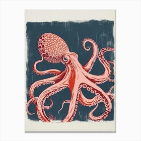 Navy Blue & Red Linocut Inspired Octopus 2 Canvas Print