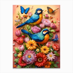 Blue Birds With Flowers Canvas Print