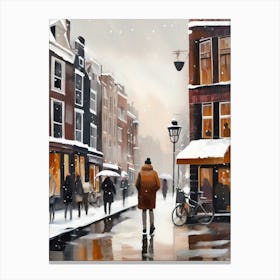 Amsterdam cafes, winter season, Christmas, autumn oil colors, pale colors, pedestrians in the street, winter clothes, falling snow.2 Canvas Print