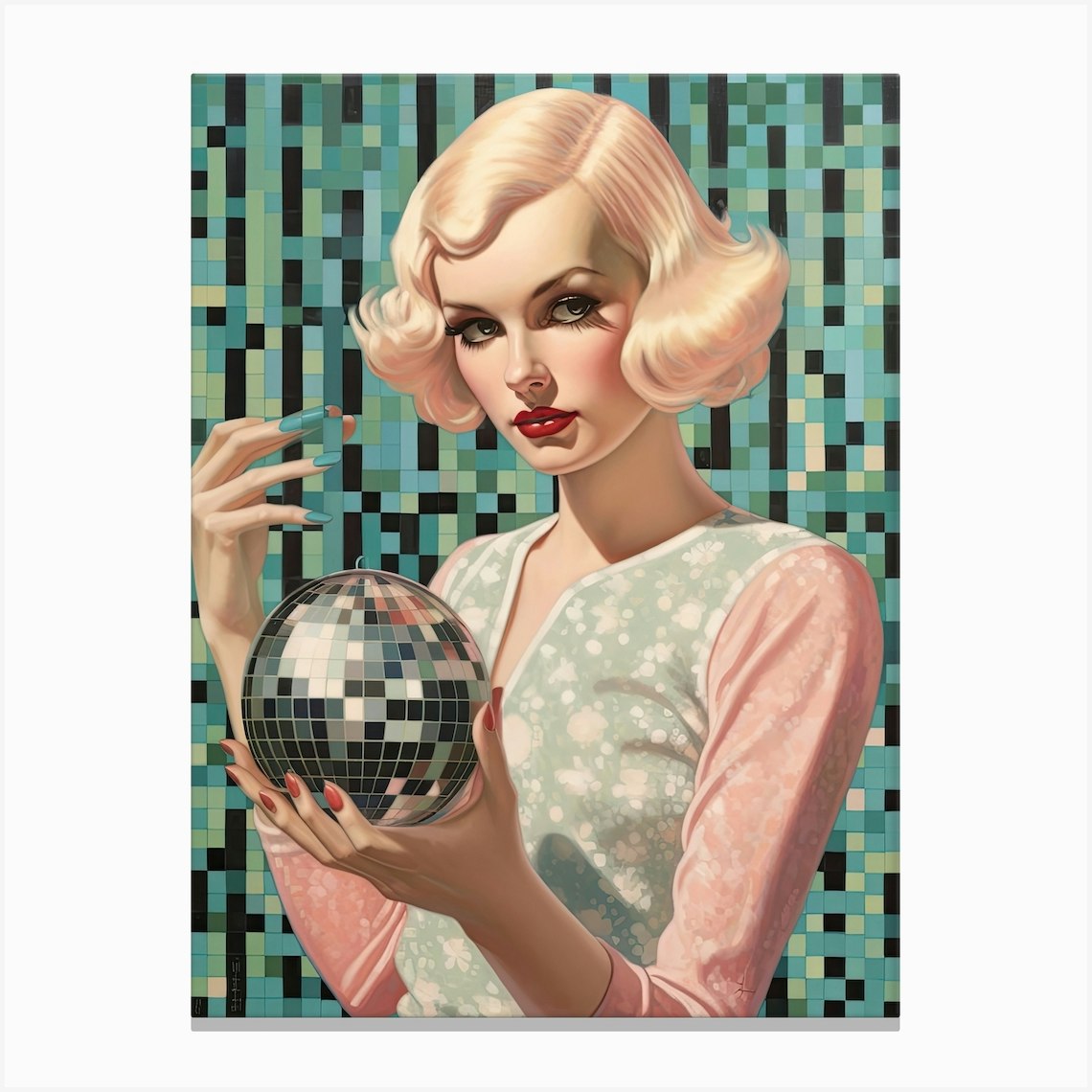 Pink Lady Disco Ball Painting Canvas Print