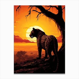 African Leopard Sunset Silhouette Painting 3 Canvas Print