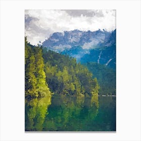 Forest Near The River And Mountains Oil Painting Landscape Canvas Print