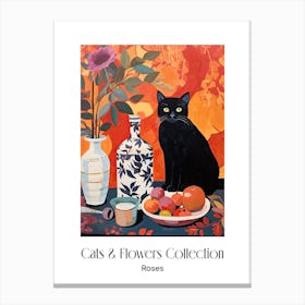 Cats & Flowers Collection Rose Flower Vase And A Cat, A Painting In The Style Of Matisse 7 Canvas Print