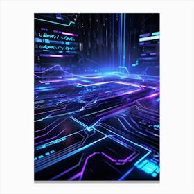 Futuristic Ai Network Interlaced With Geometric Wave Patterns Neon Blue And Vibrant Purple Lines Fl (5) Canvas Print