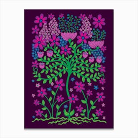 FLOWER BURST Vintage Cottage Floral Botanical in Pink Purple Kelly Green on Deep Purple Canvas Print