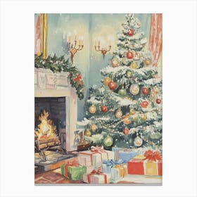 Christmas Tree In Front Of Fireplace Canvas Print