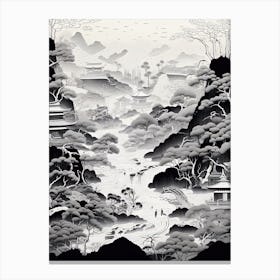Jigokudani Monkey Park In Nagano, Ukiyo E Black And White Line Art Drawing 3 Canvas Print