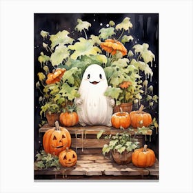 Cute Bedsheet Ghost, Botanical Halloween Watercolour 133 Canvas Print