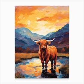 Sunset Brushstroke Impressionsim Style Painting Of A Highland Cow 3 Canvas Print