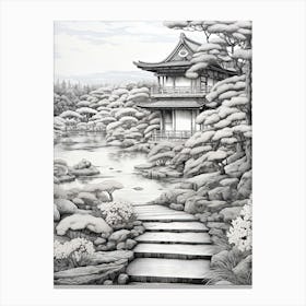 Ritsurin Garden In Kagawa, Ukiyo E Black And White Line Art Drawing 3 Canvas Print