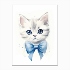 Cute Kitten With Blue Bow watercolor illustration Canvas Print