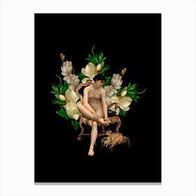 Vintage Naked Girl Sitting In Armchair With Dog And Magnolia Flowers Canvas Print