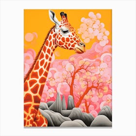 Giraffe With Trees In The Background Pink & Mustard 5 Canvas Print