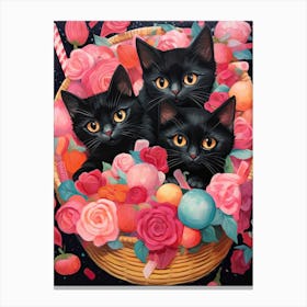 Black Kittens In A Basket Kitsch 1 Canvas Print