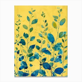 Blue Leaves On Yellow Background Canvas Print