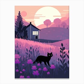 A Black Cat In A Lavender Field 2 Canvas Print