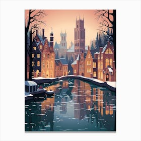 Winter Travel Night Illustration Bruges Belgium 3 Canvas Print
