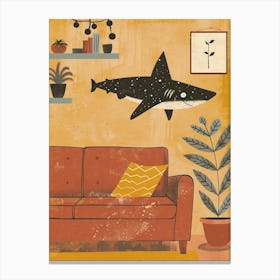 Shark Swimming In The Living Room Mustard Illustration Canvas Print