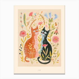 Folksy Floral Animal Drawing Cat 8 Poster Canvas Print