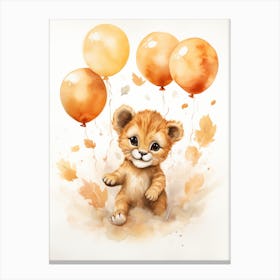 Lion Flying With Autumn Fall Pumpkins And Balloons Watercolour Nursery 2 Canvas Print