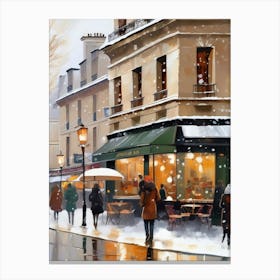 Paris cafes, winter season, Christmas, autumn oil colors, pale colors, pedestrians in the street, winter clothes, falling snow.Christmas decorations.19 Canvas Print