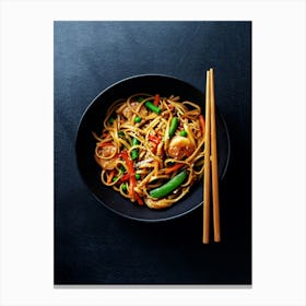 Noodles with prawns vegetables — Food kitchen poster/blackboard, photo art Canvas Print