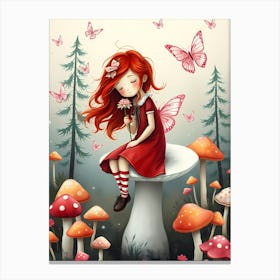 Fairy Girl Sitting On A Mushroom Canvas Print