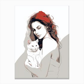 Girl With Cat, lineart Canvas Print