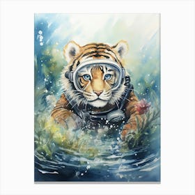 Tiger Illustration Scuba Diving Watercolour 3 Canvas Print