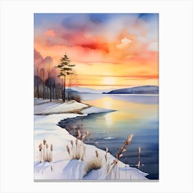 Winter Sunset Watercolor Painting Canvas Print