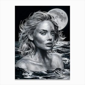 Full Moon In The Water With Woman Portrait Canvas Print