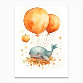 Whale Flying With Autumn Fall Pumpkins And Balloons Watercolour Nursery 4 Canvas Print