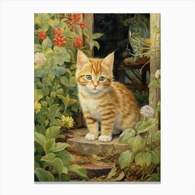 Cute Cats With A Medieval Cottage In The Background 3 Canvas Print