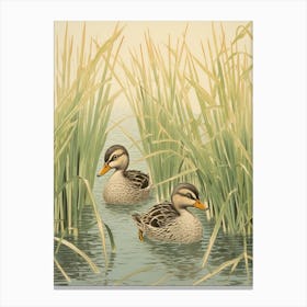 Two Ducklings Japanese Woodblock Style  2 Canvas Print