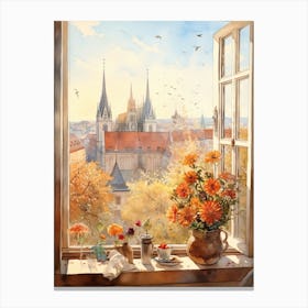 Window View Of Bratislava Slovakia In Autumn Fall, Watercolour 1 Canvas Print