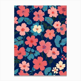 Pink Flowers On A Blue Background Canvas Print