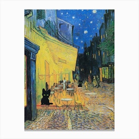 Art Cafe Terrace At Night, Van Gogh  Inspired Art Print Cat Canvas Print