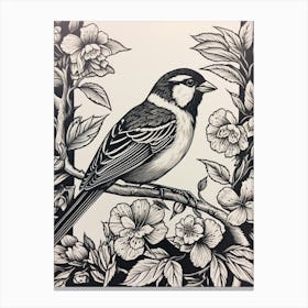 B&W Bird Linocut House Sparrow Canvas Print